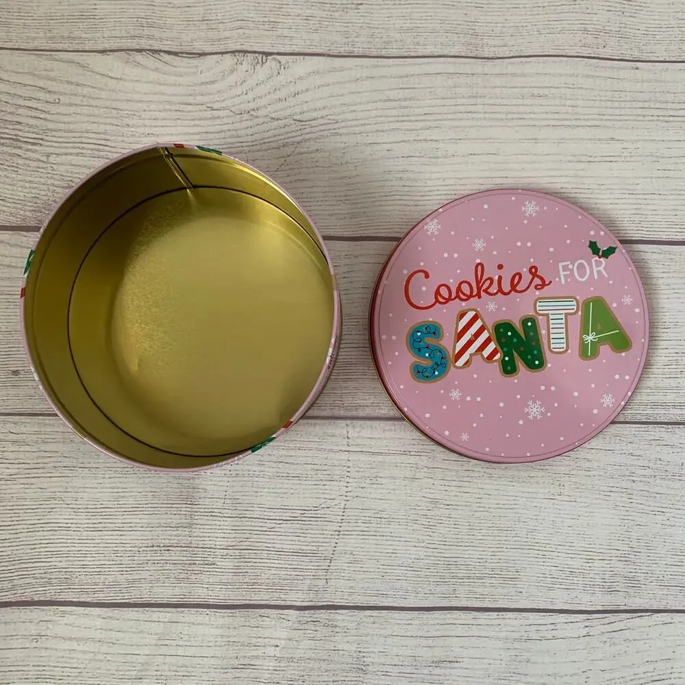 Vintage Pink Christmas Cookies for Santa Tin Empty Metal Storage Box Snowflakes